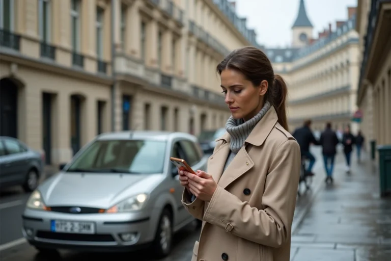 Femme photographiant les dégâts sur sa voiture après un accident de la route à Paris