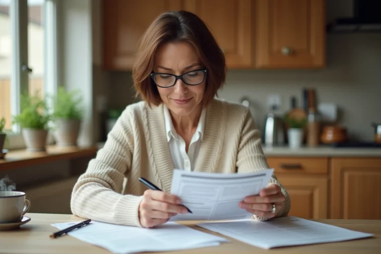 Femme consultant son contrat d'assurance accidents domestiques à la table de sa cuisine