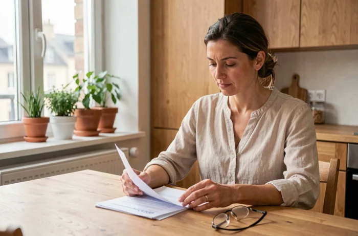 Femme consultant son contrat d'assurance habitation Foncia à la table de sa cuisine dans un appartement moderne