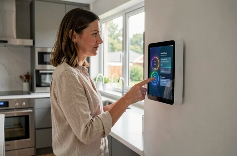 Femme utilisant un écran tactile mural pour contrôler des objets connectés dans une cuisine moderne domotique