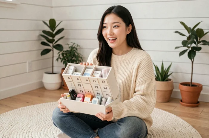 Jeune femme coréenne découvrant les produits du calendrier de l'avent beauté Yesstyle 2026 dans un salon cosy