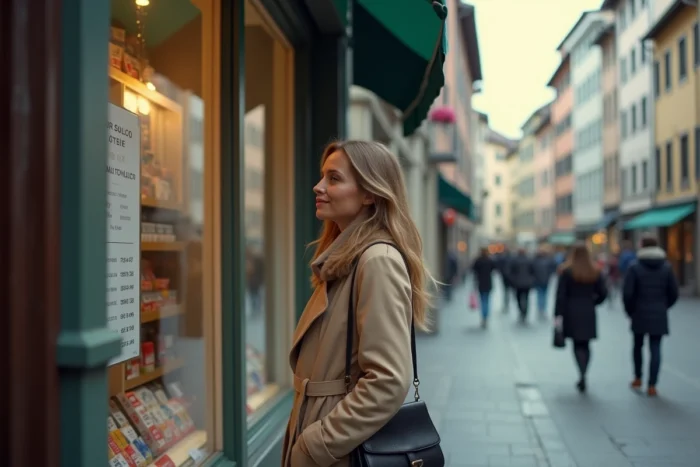 Femme lisant les prix affichés dans la vitrine d'un bureau de tabac en Suisse sur une rue urbaine pavée
