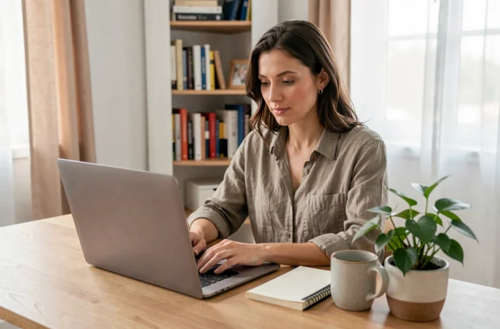 Femme entrepreneur travaillant sur son business en ligne depuis son bureau à domicile