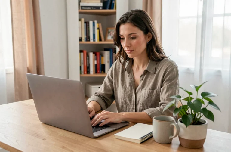 Femme entrepreneur travaillant sur son business en ligne depuis son bureau à domicile