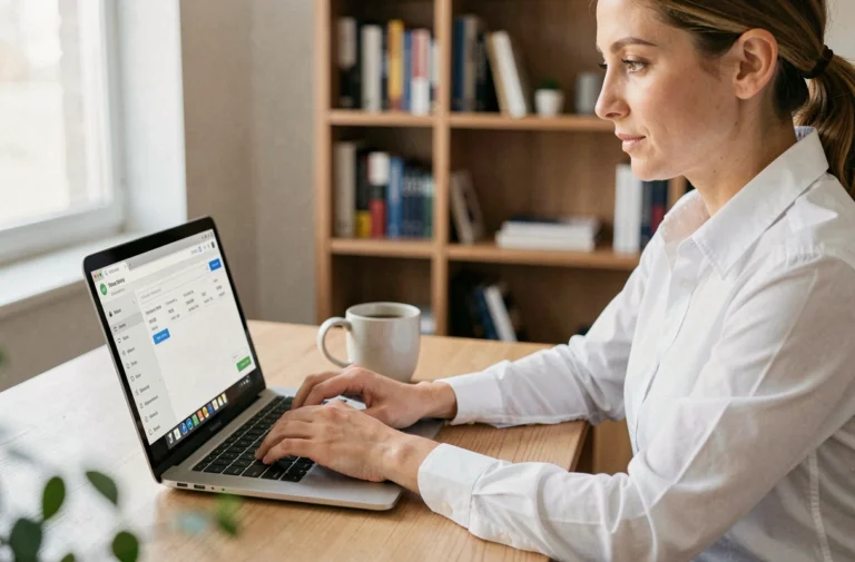 Femme professionnelle accédant à son compte bancaire BNP en ligne depuis son bureau à domicile