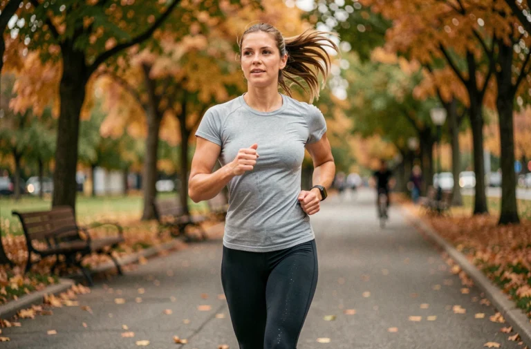 Femme en tenue de sport faisant du jogging dans un parc en automne, illustrant les bienfaits de l'activité physique régulière sur la santé