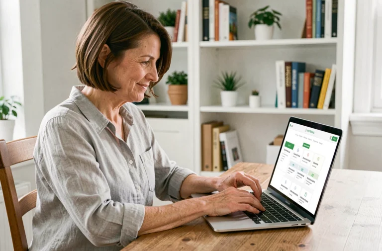 Femme naviguant sur le plan du site Néo Santé depuis son bureau à domicile
