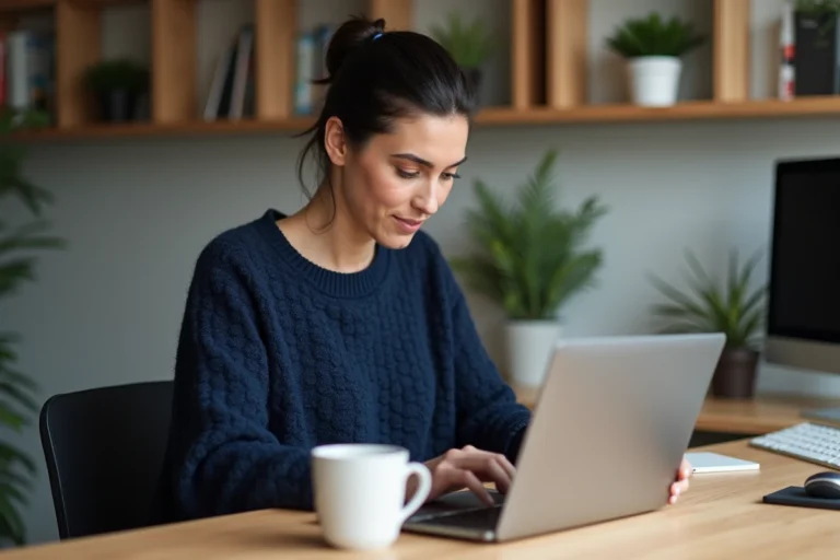 Femme travaillant sur un ordinateur portable dans un bureau à domicile moderne, illustrant les tendances informatiques actuelles