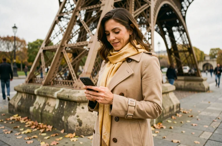 Femme parisienne élégante près de la Tour Eiffel consultant son téléphone, ambiance automnale et urbaine à Paris