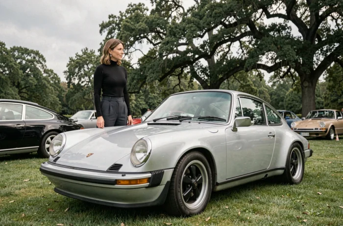 Femme experte en automobile posant fièrement avec une Porsche 911 classique lors d'un concours d'élégance