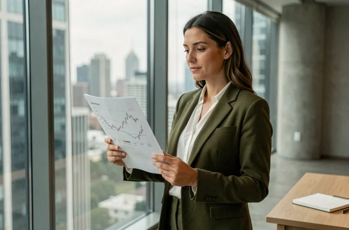 Une femme d'affaires dans la trentaine analyse une feuille de route financière devant une fenêtre panoramique donnant sur un skyline urbain