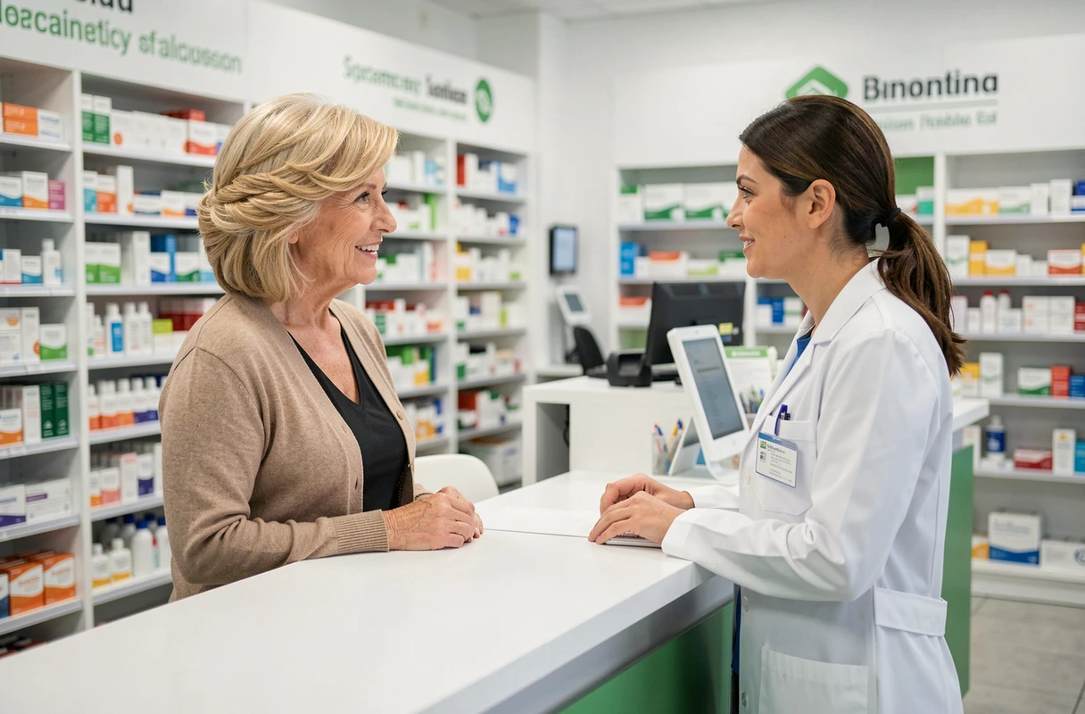 Femme portant une prothèse capillaire en discussion avec une pharmacienne pour le remboursement MGEN