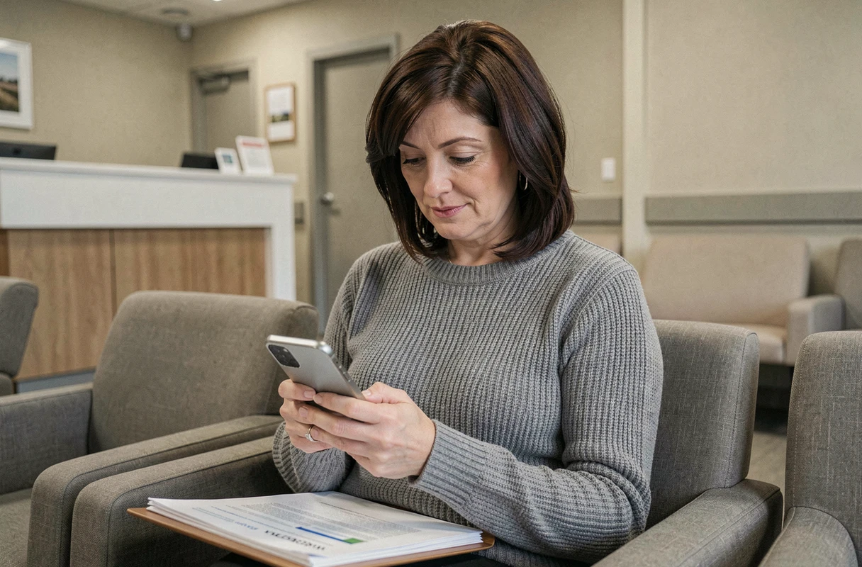 Femme avec prothèse capillaire attendant en salle d'attente médicale avec son dossier de remboursement MGEN
