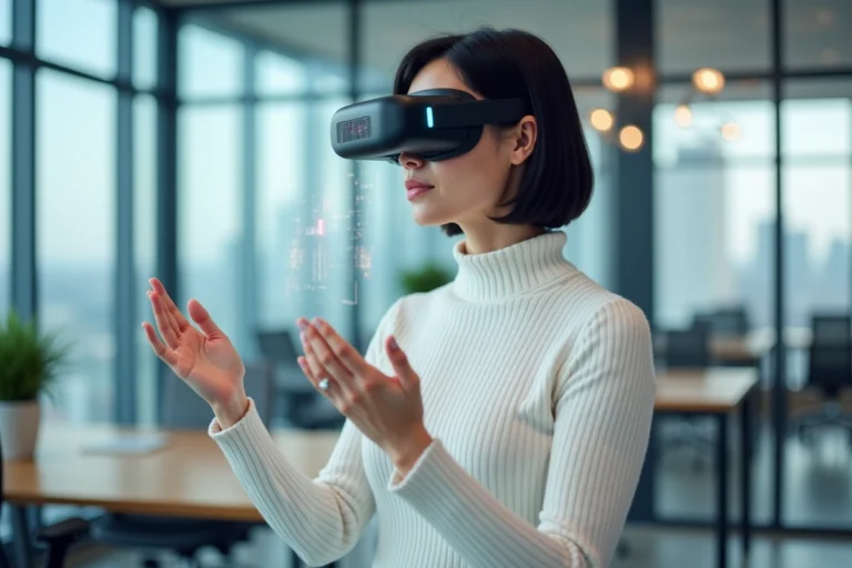 Femme utilisant un casque de réalité augmentée dans un bureau tech moderne en 2024