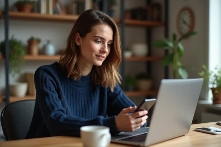 Femme utilisant un annuaire inversé sur son téléphone portable et son ordinateur portable à son bureau à domicile