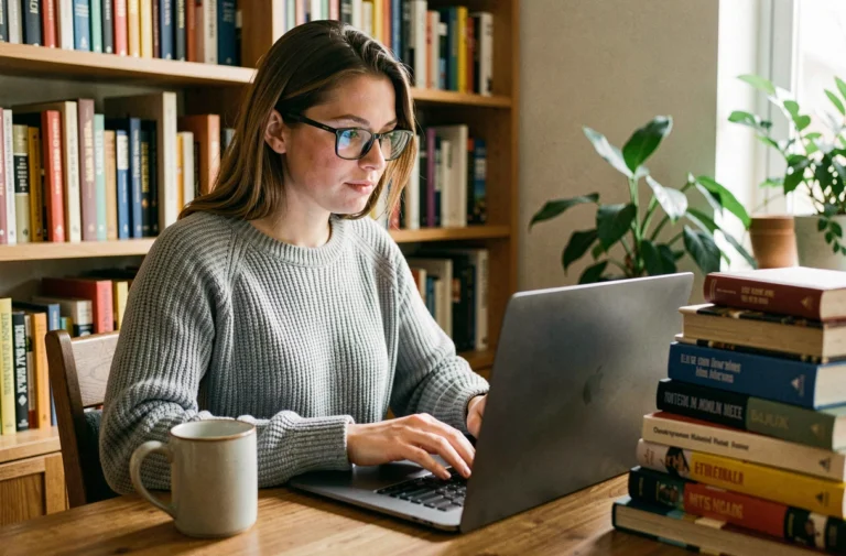 Femme avec lunettes naviguant sur des sites d'ebooks gratuits sur un ordinateur portable dans une bibliothèque personnelle chaleureuse