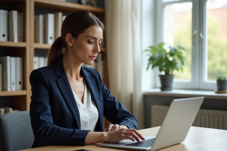 Femme professionnelle cherchant un emploi sur un site de recrutement depuis son bureau à domicile