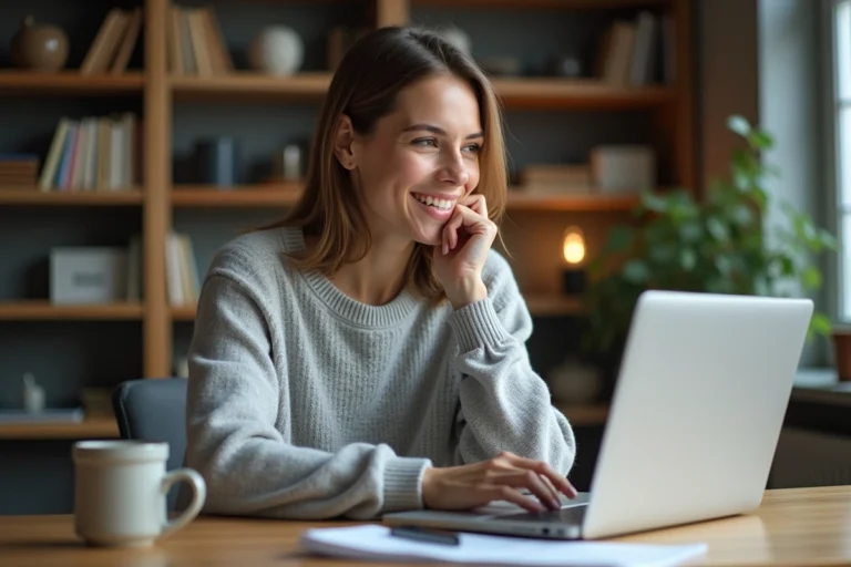 Femme rédigeant un avis positif sur un ordinateur portable dans un bureau à domicile chaleureux