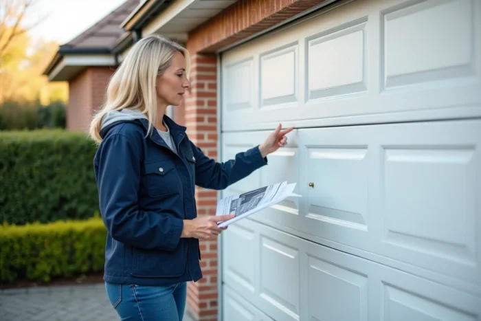 Femme consultant un manuel d'instructions devant une porte de garage sectionnelle Hormann sur une allée résidentielle