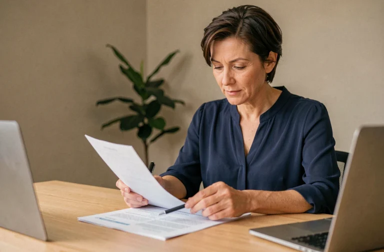Femme consultant un dossier de remboursement de prothèse capillaire par la MGEN à son bureau