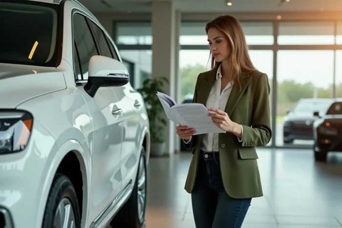Femme en blazer olive admirant un SUV blanc de luxe dans un showroom automobile contemporain