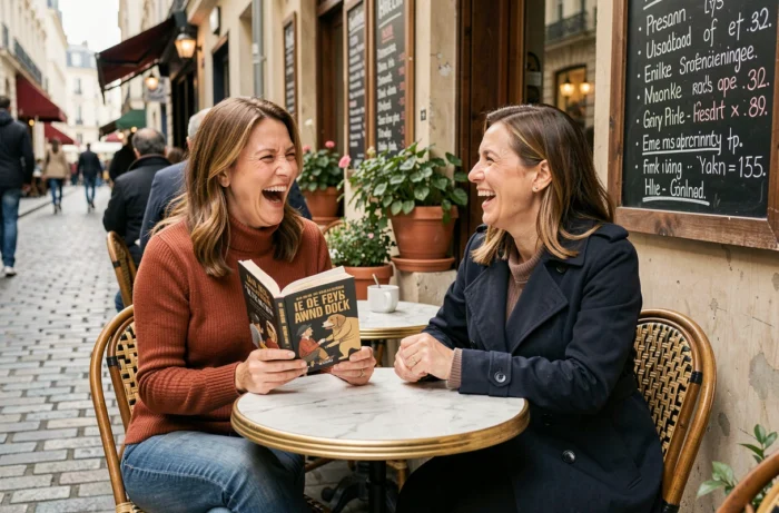 Deux femmes adultes riant en lisant un livre d'humour noir en terrasse de café parisien