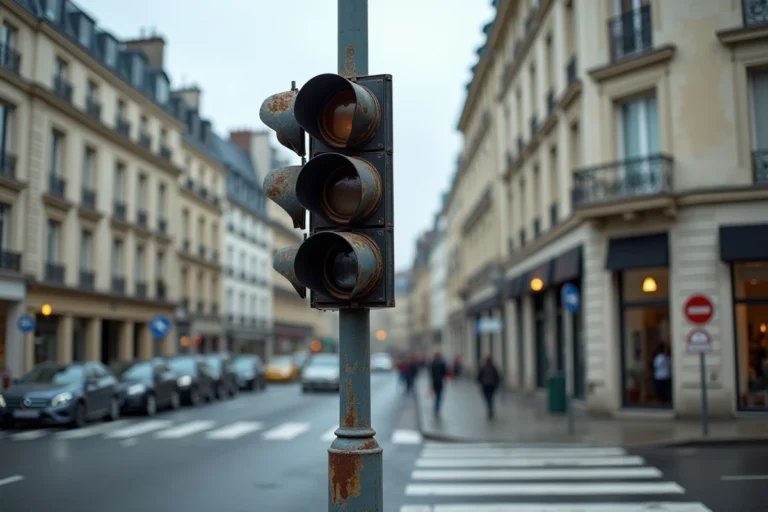 Feu tricolore en panne à une intersection urbaine française, signaux éteints sur fond de bâtiments haussmanniens