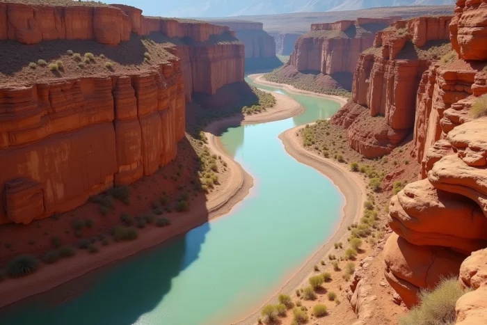 Fleuve tressé aux eaux turquoise traversant un canyon de grès rouge en Amérique du Sud