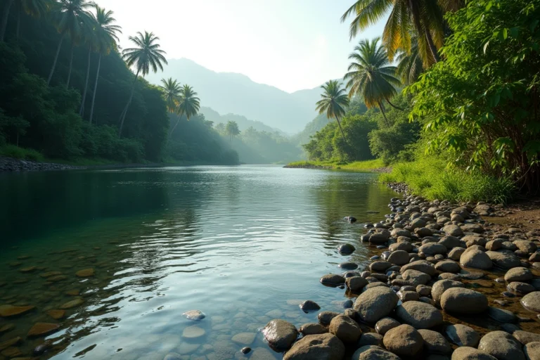 Vue panoramique d'un grand fleuve tropical entouré de végétation luxuriante et de montagnes brumeuses