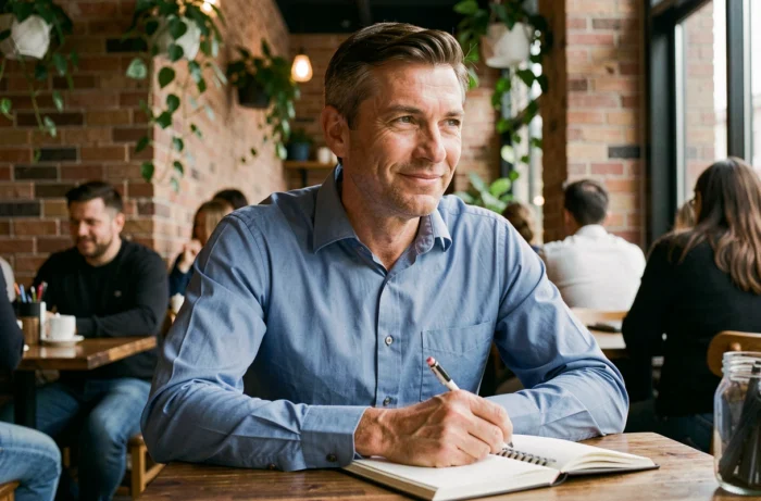Homme aux lèvres bien dessinées assis dans un café illustrant l'analyse de la forme des lèvres et du caractère