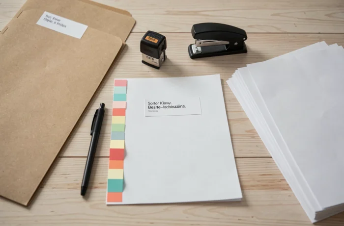 Vue de dessus de fournitures d'archivage domestique organisées sur une table en bois clair, dossiers kraft et intercalaires colorés