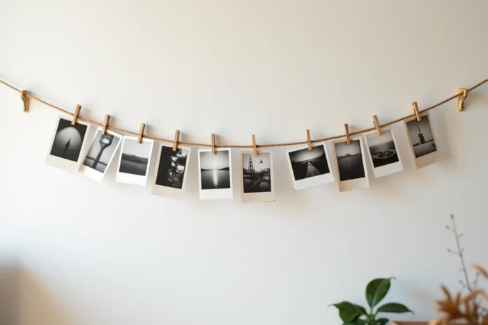 Galerie de photos suspendues sur une corde en jute avec des mini-pinces en bois sur un mur blanc