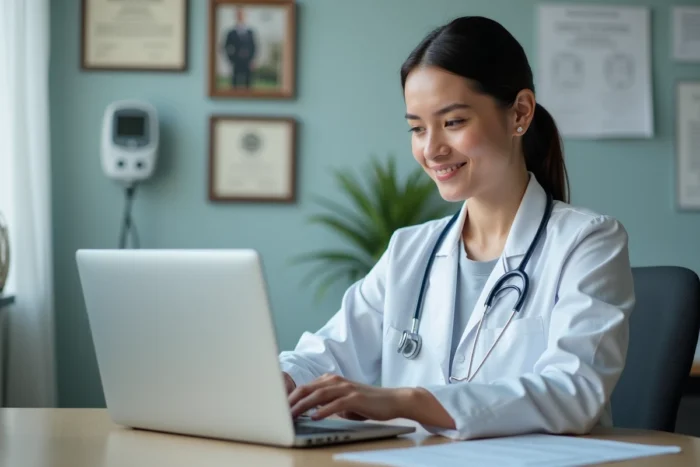 Médecin généraliste consultant un logiciel de gestion de cabinet sur son ordinateur portable en salle de consultation