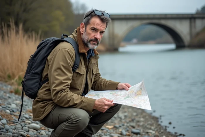 Géographe étudiant une carte topographique au bord d'un fleuve européen avec un pont en arrière-plan