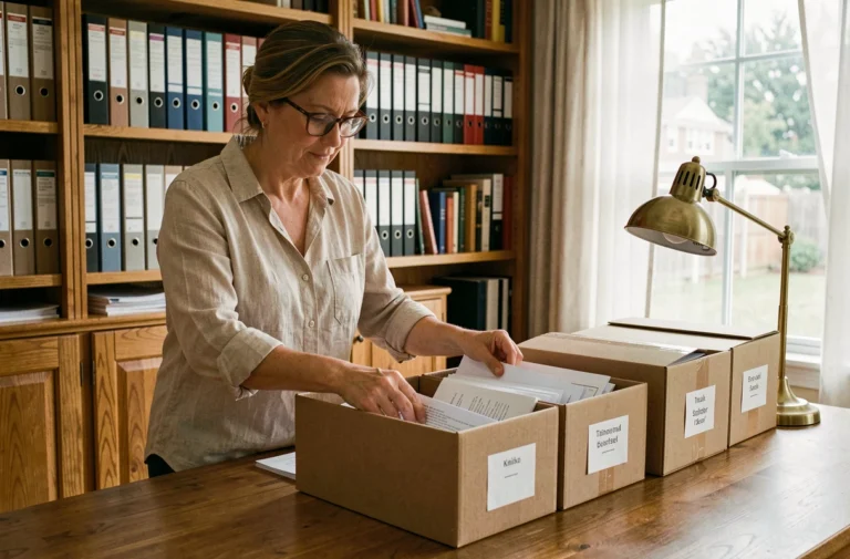 Femme classant des documents papier dans des boîtes d'archives étiquetées dans un bureau à domicile bien organisé