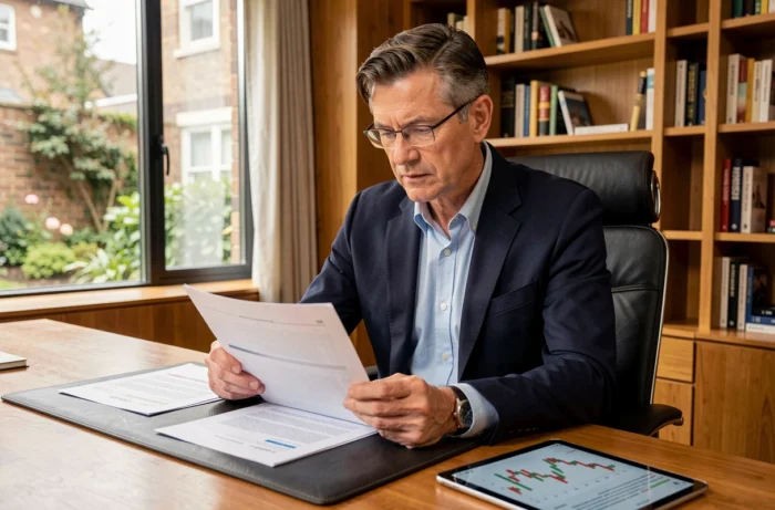 Un homme d'affaires dans la quarantaine examine ses documents financiers et graphiques d'investissement dans un bureau à domicile moderne et raffiné
