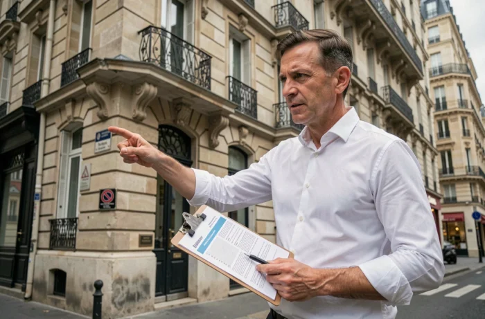 Gestionnaire immobilier devant un immeuble parisien haussmannien avec documents d'assurance habitation Foncia