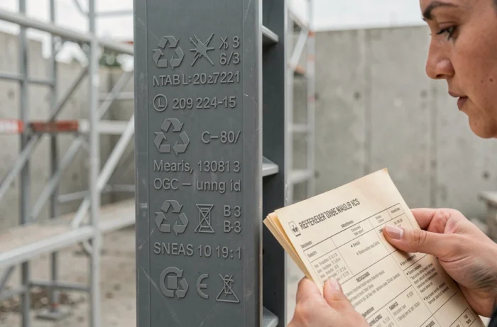 Gros plan sur les symboles et codes d'identification gravés sur une colonne en plastique grise comparés à un guide de référence imprimé