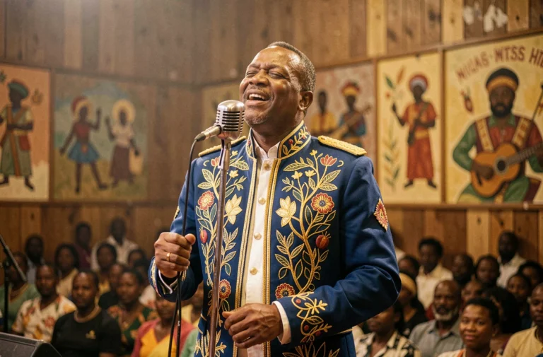 Chanteur de rumba congolaise en costume sapeur brodé sur scène à Kinshasa, évoquant l'héritage de Papa Wemba