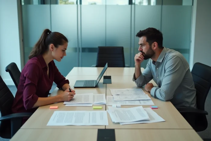 Deux héritiers adultes discutant d'un partage successoral autour de documents juridiques dans une salle de réunion, en lien avec les droits de réduction prévus par le Code civil