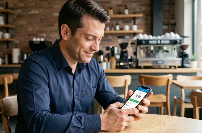 Homme consultant une application de gains publicitaires sur smartphone dans un café urbain