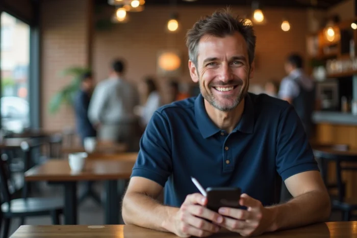 Homme souriant laissant un avis client positif sur son smartphone dans un café