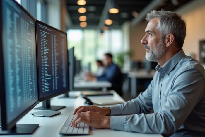 Homme en bureau professionnel consultant un annuaire téléphonique inversé sur son ordinateur pour identifier un numéro inconnu