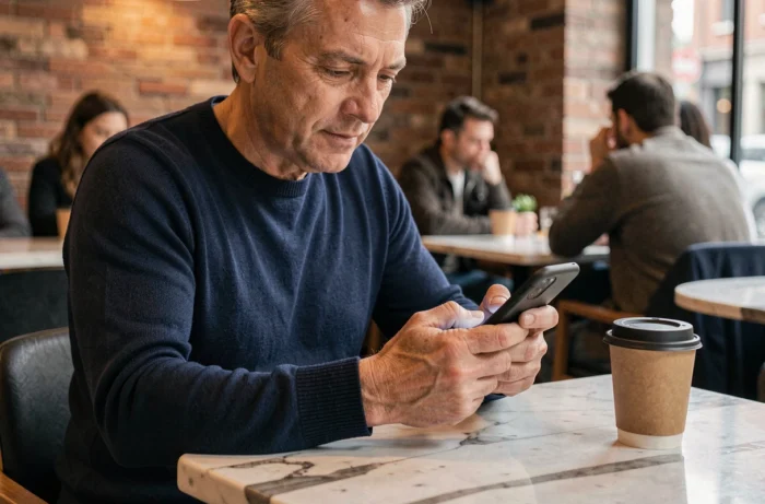 Homme consultant son compte BNP en ligne sur smartphone dans un café moderne