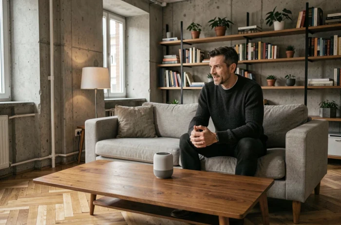 Homme interagissant avec une enceinte connectée dans un salon moderne aux murs en béton, illustration de la domotique