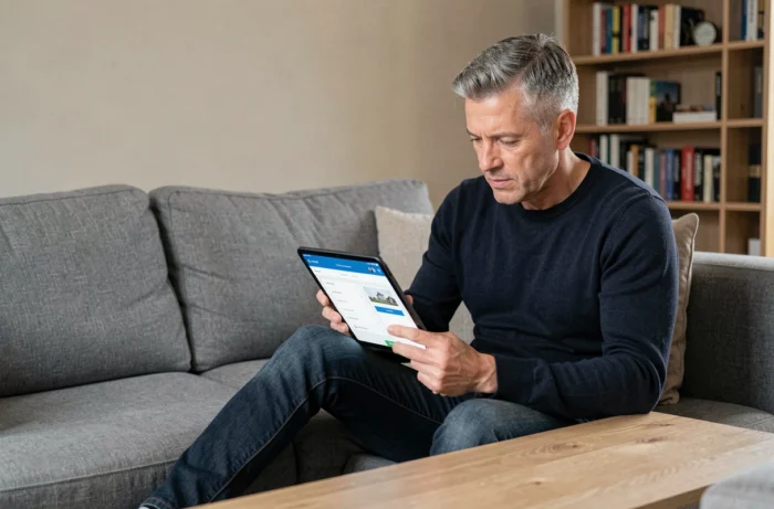 Homme consultant son espace locataire MyFoncia sur une tablette depuis son salon pour gérer ses documents en ligne