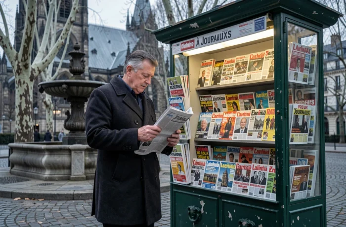 Homme lisant un journal devant un kiosque à journaux parisien sur une place pavée avec église en arrière-plan