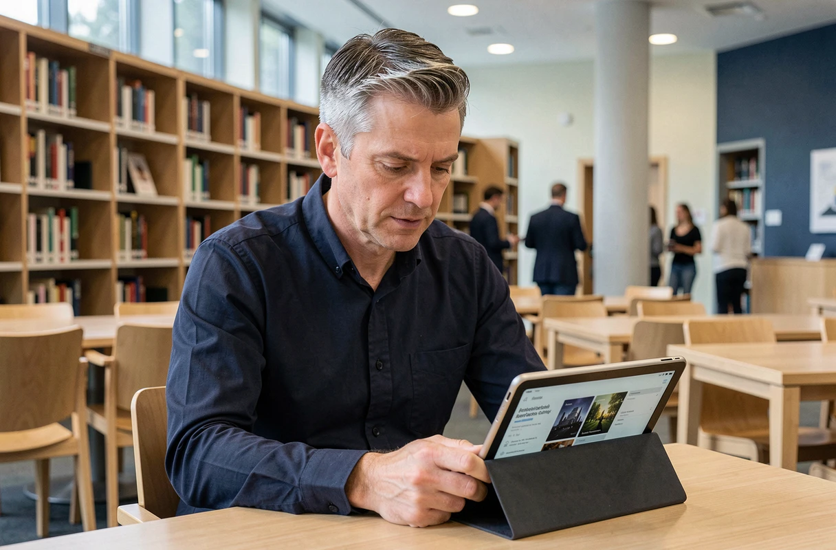 Homme lisant un ebook sur tablette dans une bibliothèque publique moderne, illustration des alternatives numériques gratuites