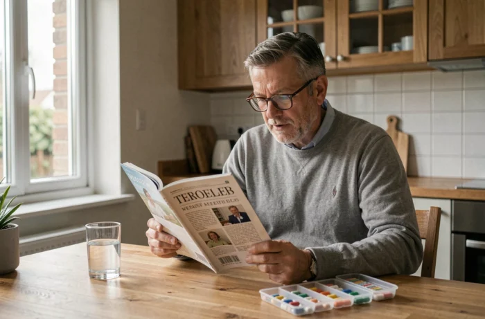 Homme d'âge mûr lisant un magazine de santé à la table de sa cuisine avec un organisateur de médicaments