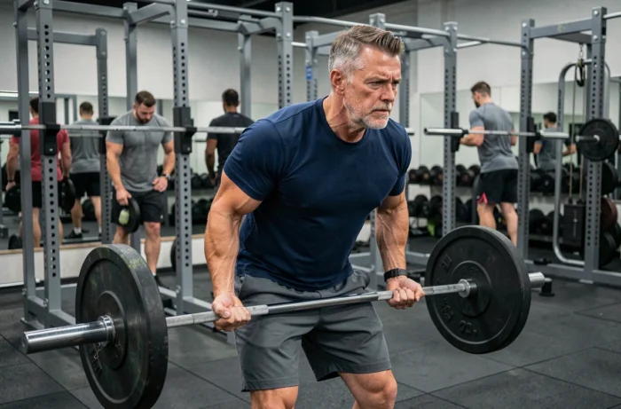 Homme d'âge mûr soulevant des haltères dans une salle de sport, représentant les effets positifs du sport sur la santé physique et mentale